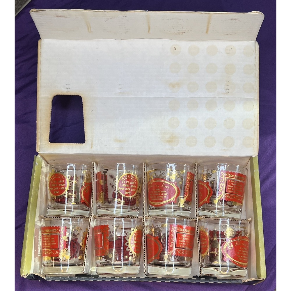 Jeannette Red/Gold Whiskey Glasses Old Fashioned Set Lowball Vintage In Box 1960